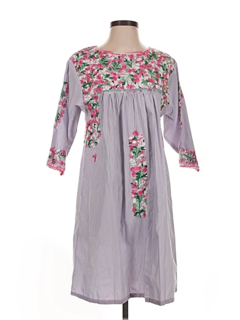 Mi Golondrina Pink & Green Floral Embroidered 3/4 Sleeve Dress